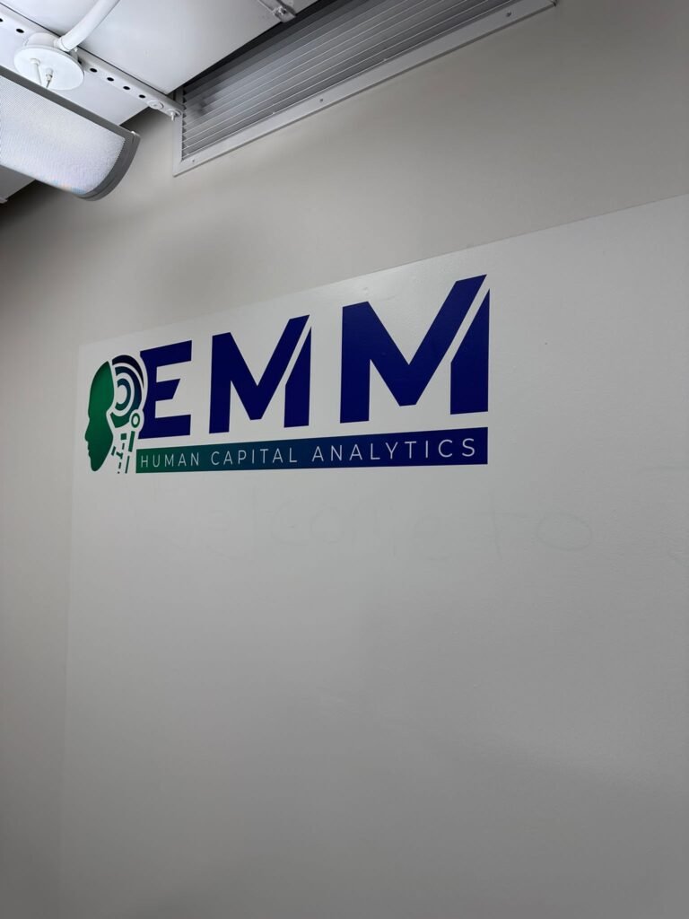 A wall with the letters emm and capital analytics on it.