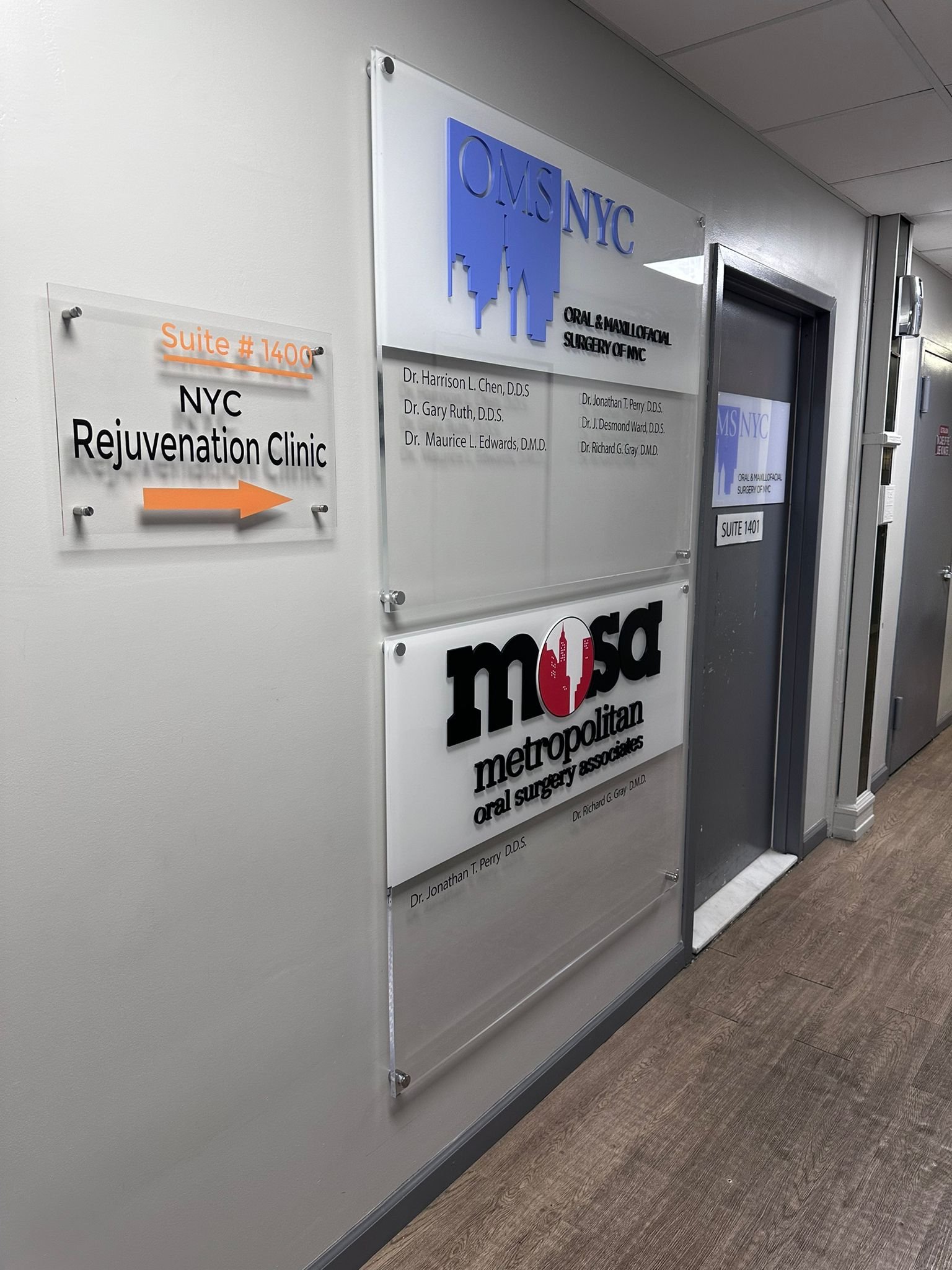 A room with several signs on the wall.