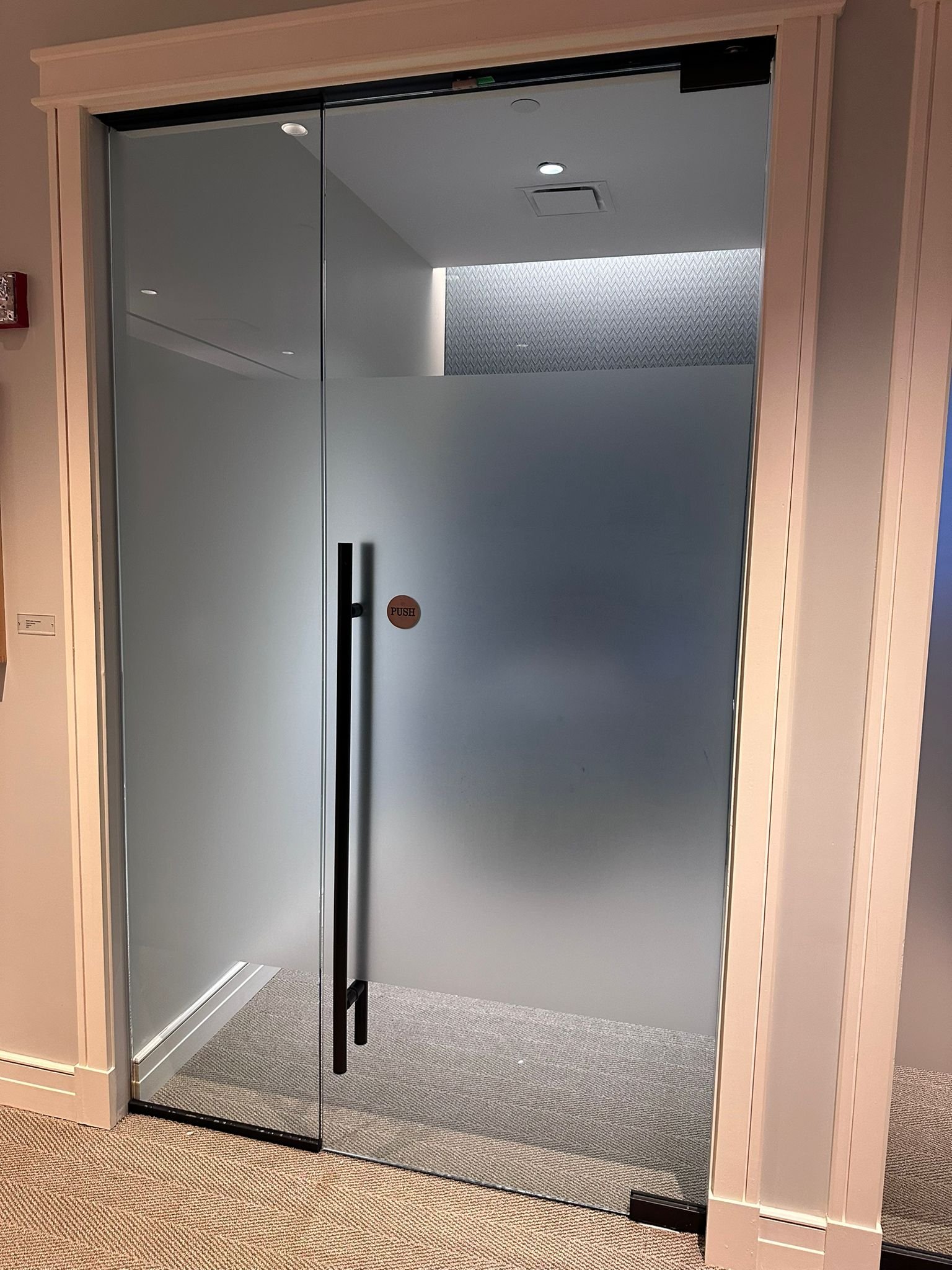 A door with frosted glass and black handles.